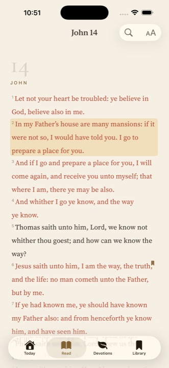The Stillwater reader showing John 14 with a highlighted verse and a soft verse-action menu.